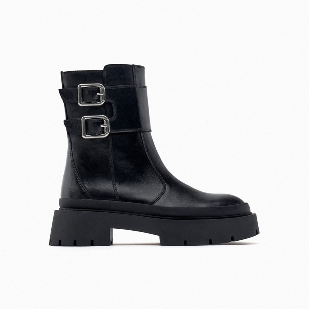Zara Black Genuine Leather Ankle Boots